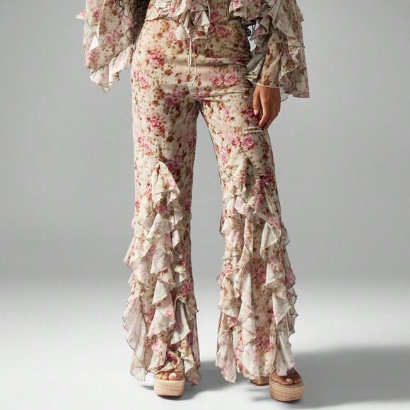 Multicolor Boho Women's Floral Ruffled Bell Bottom Pants - Picture 3 of 5